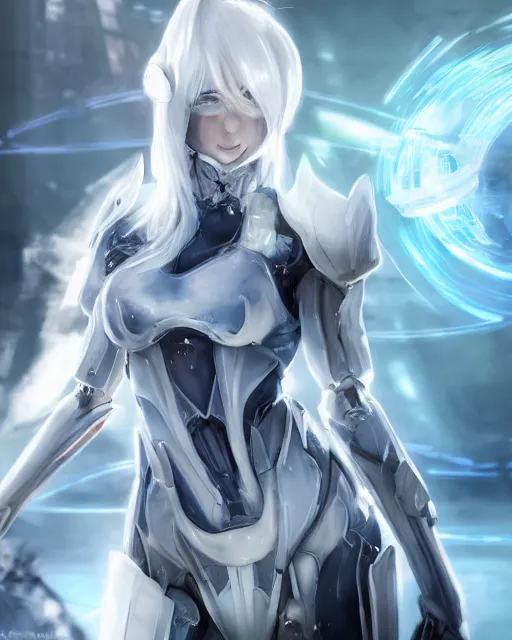 Image similar to perfect white haired girl, warframe armor, beautiful, dreamy, pretty face, blue cyborg eyes, portrait, bright light, scifi, emotional, utopian architecture in the background, laboratory, 4 k, high definition, ultra realistic, aura of light, cinematic, highly detailed, masterpiece, art by akihito tsukushi, akasuki brightmind