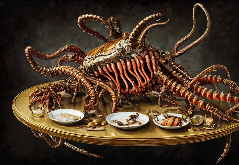 Prompt: an opulent banquet of food on a table covered with metallic cyborg hissing cockroaches and metallic cyborg hermit crabs and metallic cyborg earthworms. biomechanical giger ’ s xenomorph. the thing. the blob. reclaimed lumber, detailed and intricate environment, hyperrealism, food photography, rembrandt