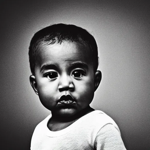 Image similar to the face of kanye west at 2 years old, portrait by julia cameron, chiaroscuro lighting, shallow depth of field, 8 0 mm, f 1. 8