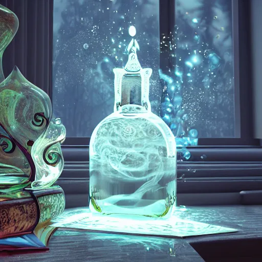 Image similar to A curvy and extravagant potion bottle on an ornate cluttered desk. The potion bottle is filled with sparkling, bright, and glowing swirling liquid. The potion has smoke coming out of it. Magic is everywhere. A window showing a forest is also visible. Octane & Unreal Engine 4 & f1.4 Photography.