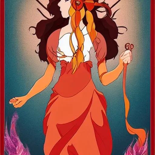 Prompt: beautiful goddess of fire stands in her power, in the style of studio ghibli