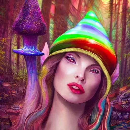 Prompt: an elf lady with an outfit wearing a large amanita mushroom hat with rainbow glasses on her face in a magical forest, epic digital art