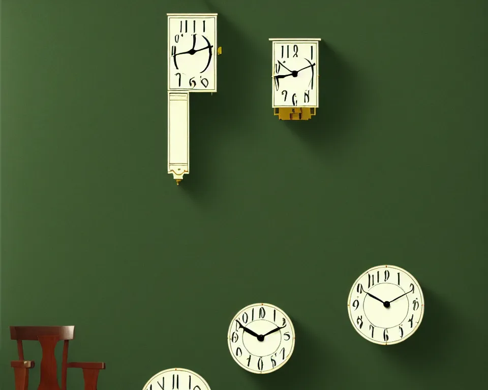 Prompt: an achingly beautiful print of Art Deco clocks on a dark green wall by Raphael, Hopper, and Rene Magritte. detailed, romantic, enchanting, trending on artstation.