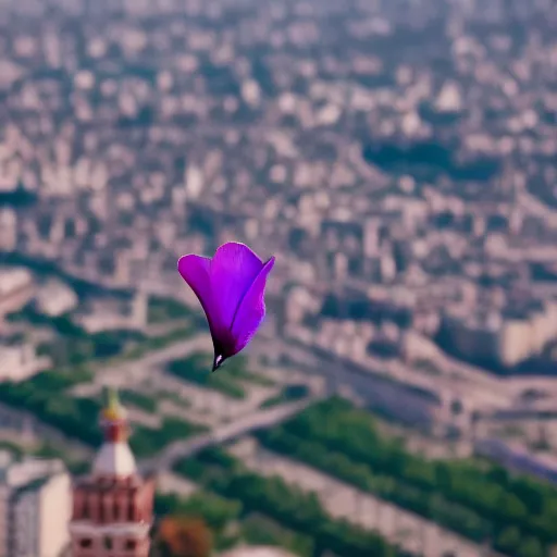 Prompt: closeup photo of 1 lone purple petal flying above moscow, city, aerial view, shallow depth of field, cinematic, 8 0 mm, f 1. 8