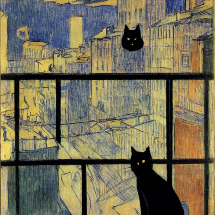 Image similar to city seen from a window frame. fuzzy black cat. henri de toulouse - lautrec, utamaro, matisse, felix vallotton, monet