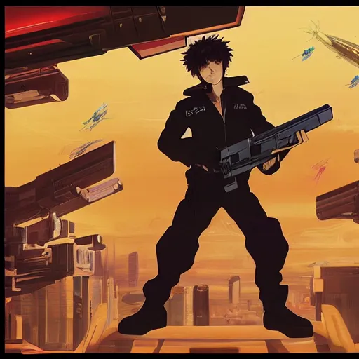 Image similar to , hyperrealistic spike from anime cowboy bebop holding two handguns looking into the distance of space, spike in on top of his red spaceship and he is looking over a dystopian cyber city on Mars art, physically accurate, dynamic lighting, intricate, elegant, highly detailed, very very Roberto Ferri, sharp focus, very very unsettling, very terrifying, illustration, wideshot,