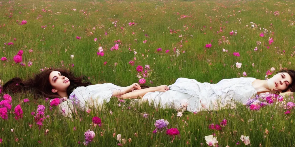 Image similar to a girl laying in a field of flowers reading a book, greg rutkowski, zabrocki, karlkka, jayison devadas, trending on artstation, 8 k, ultra wide angle, zenith view, pincushion lens effect