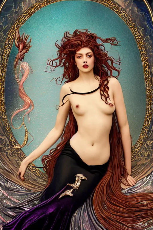 Image similar to a beautiful dark androgynous mermaid, pinup pose, long hair, tall and thin, wearing dozens of pendants and a gown of gold, illustration, dramatic lighting, soft details, painting oil on canvas, art nouveau, iridescent scales on her body, fish tail, octane render, HDR, 4k, 8k, HD, by Edmund Blair Leighton, Brom, Charlie Bowater, j.c. Leyendecker, faces by otto schmidt