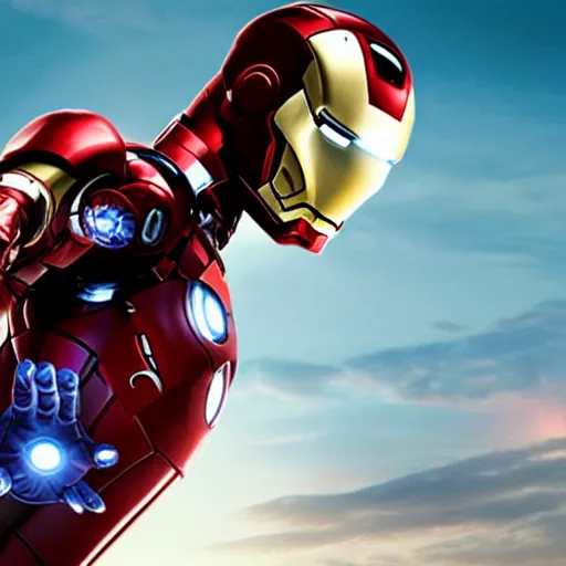 Image similar to promotional image of Chris Evans as Iron Man in Iron Man（2008）, he wears Iron Man armor without his face, movie still frame, promotional image, imax 70 mm footage