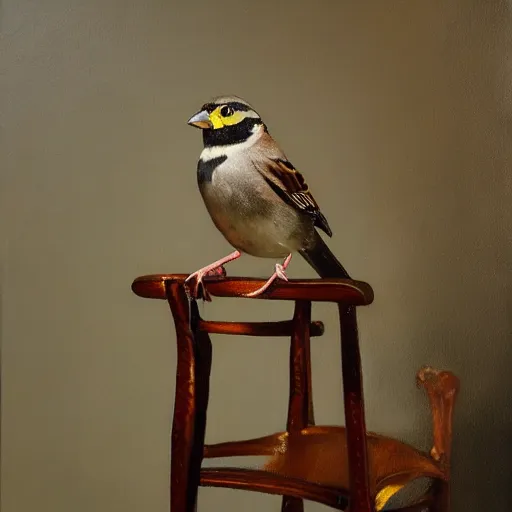 Image similar to an oil paiting of a sparrow perched on a chair, highly detailed, oleo, artstation, sharp focus, by diego velazquez