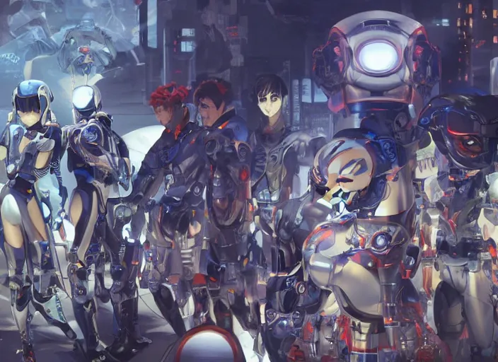 Prompt: a group of robots find the ancient resting place of their noble leader, digital painting masterpiece, advanced lighting technology, stylized yet realistic anatomy and face, gorgeous, by shigenori soejima and bastien vives and balak and michael sanlaville, 4 k wallpaper, cinematic, gorgeous brush strokes, coherent and smooth