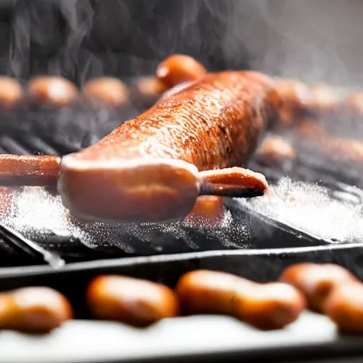 Prompt: dachshund cooking some sausages on a pan