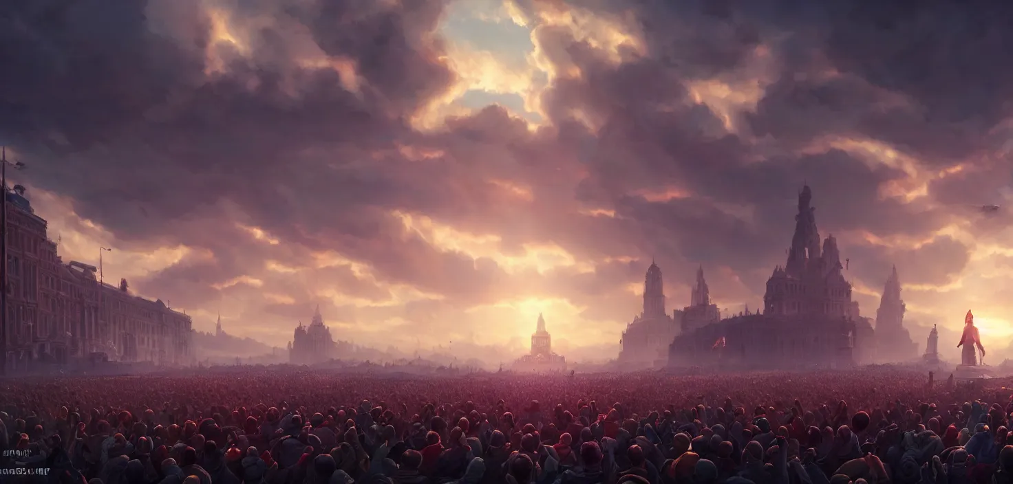 Image similar to crowd with raised arms pointing towardб demonstration, cinematic view, epic sky, detailed, concept art, low angle, high detail, warm lighting, volumetric, godrays, vivid, beautiful, trending on artstation, by jordan grimmer, huge scene, art greg rutkowski