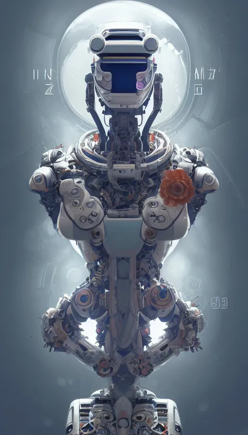 Image similar to symmetry!! portrait of a robot astronaut, floral! horizon zero dawn machine, intricate, elegant, highly detailed, digital painting, artstation, concept art, smooth, sharp focus, illustration, art by artgerm and greg rutkowski and alphonse mucha, 8 k