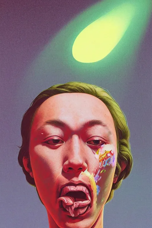 Image similar to a scifi closeup portrait of a young american man licking a blotter paper of LSD acid on his tongue and dreaming psychedelic hallucinations in cosmos, by kawase hasui, moebius, Edward Hopper and James Gilleard, Zdzislaw Beksinski, Steven Outram colorful flat surreal design, hd, 8k, artstation