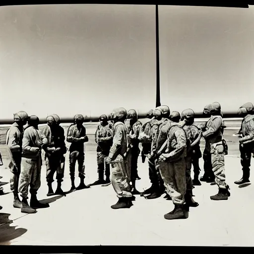 Prompt: Grey aliens meeting with american soldiers and officers, vintage photo, grainy, black & white, archive