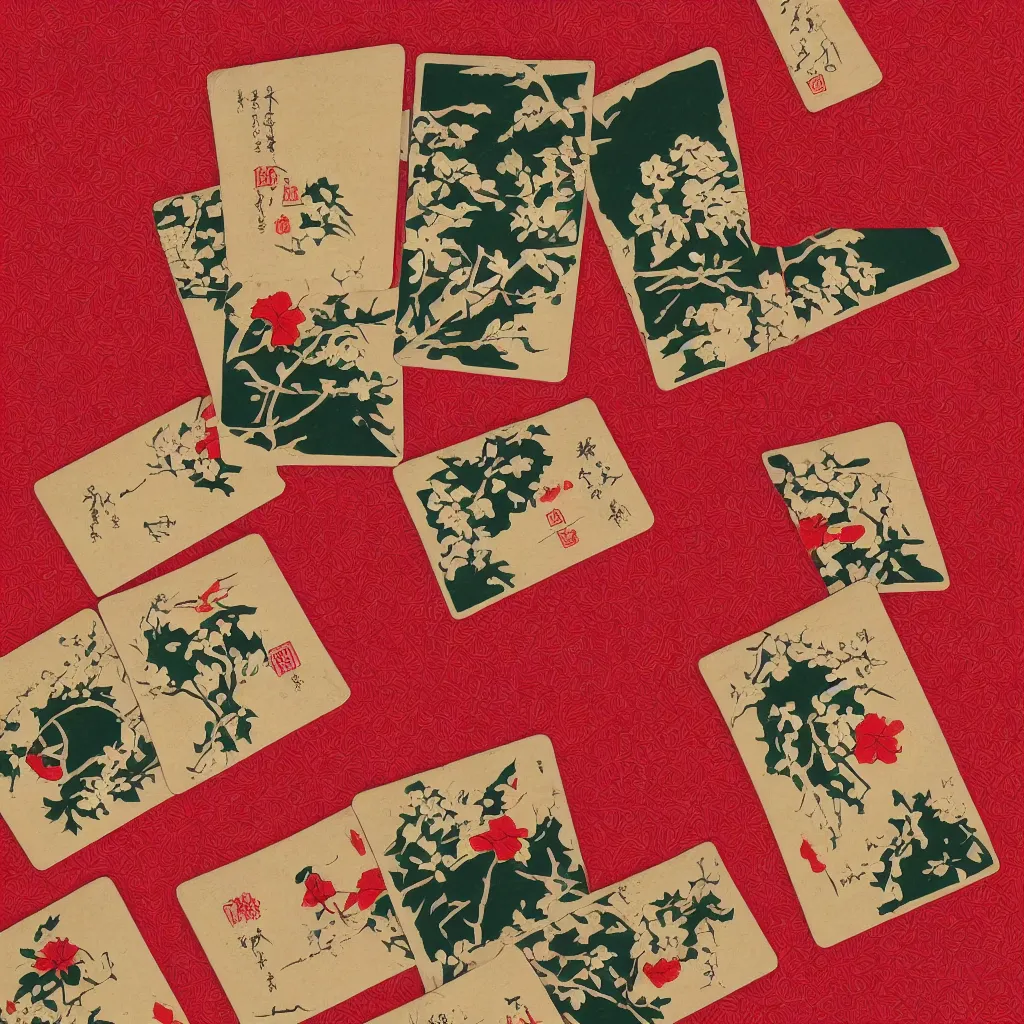 Image similar to hanafuda, set of 4 cards for january, matsu, trending on behance, concept art, stunning, matte