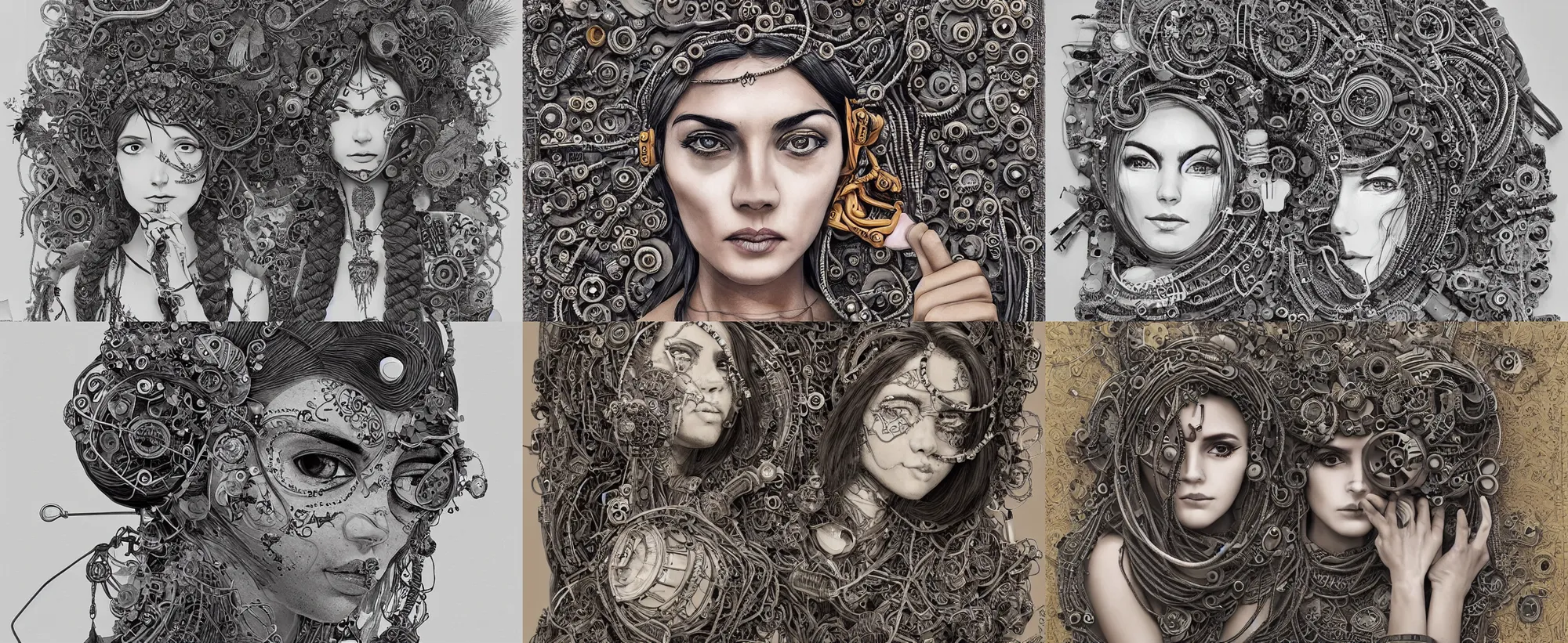 Image similar to beautifully stunning stonepunk woman_integrating_with_technology_full_face_insipiring_detailed_intricate_ornate_cables_connected_to_head_big_open_electric_eyes_ the_singulairty is now by Hironaka, Harumi