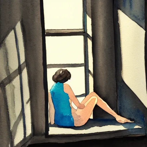 Prompt: watercolor painting of a female body sitting on a sofa, infront of window light.