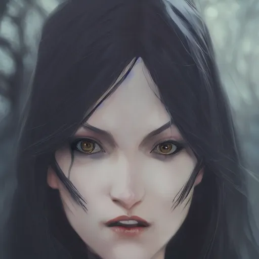 Image similar to female human vampire witch in the style of greg rutkowski, makoto shinkai, trending on artstation, character design, concept art, pretty face, highly detailed, long black hair, portrait, digital art