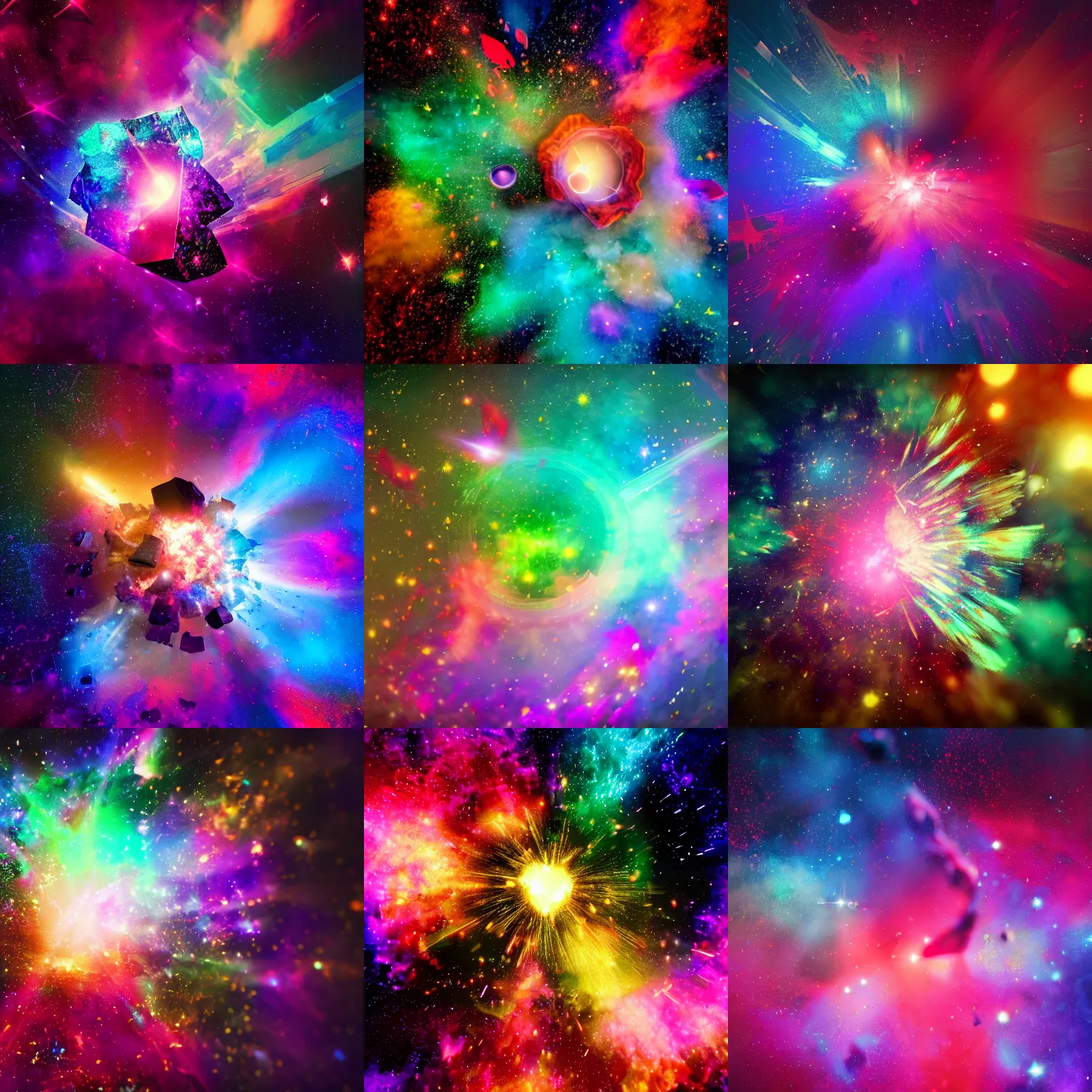 Prompt: colorful fragmented nebula explosion, dust particles, bokeh, iridescent jagged crystal fragmentation, elaborate detail, tilt-shift macro lens, lens flare, rendered in octane, redshift, cinematic, 8k render