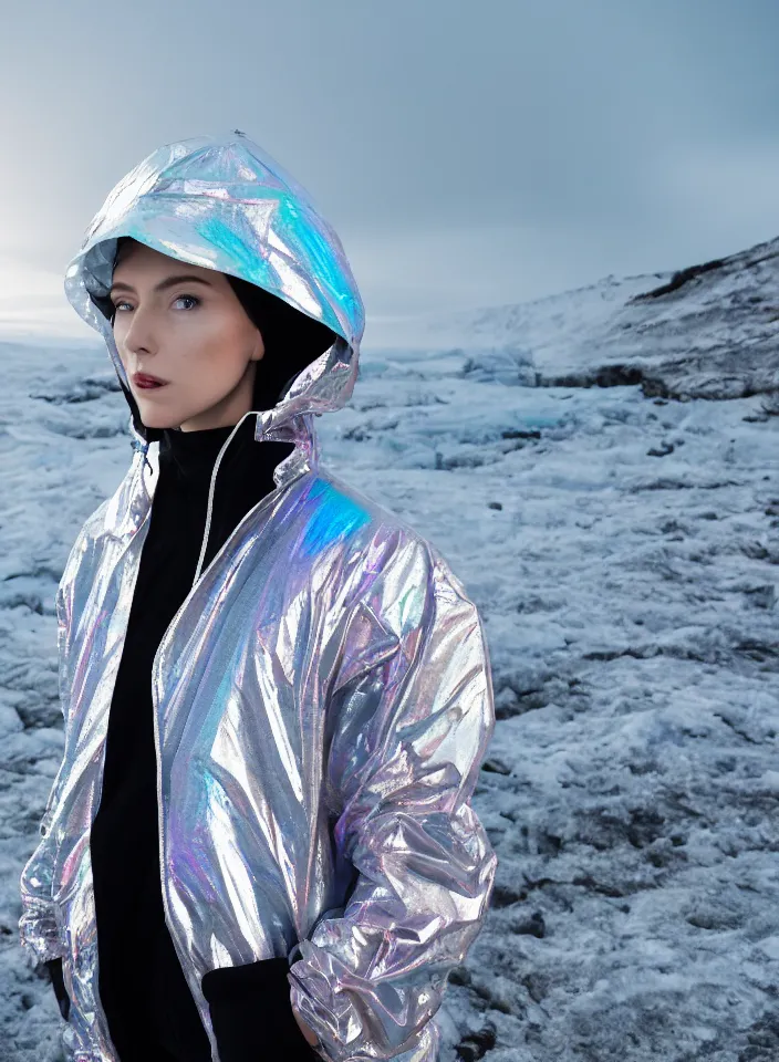 Image similar to an ultra high definition professional studio quality portrait photograph of a silver skinned android influencer wearing a transparent iridescent pastel coloured visor and matching wavey raincoat on white hook in a sheer icelandic black rock environment. three point light. dramatic lighting. volumetric shadows. light rays