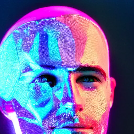 Prompt: a 3d human head made up of shiny holograms