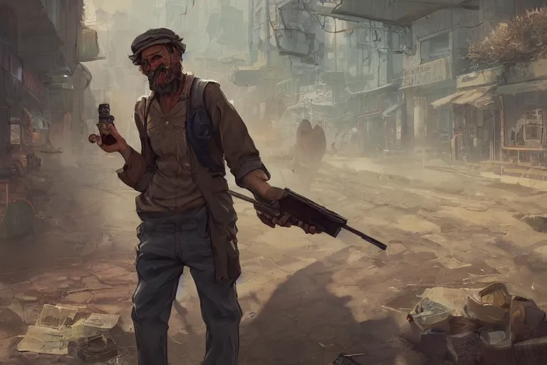 Prompt: character concept art of a hobo with a shotgun, key visual, realistic shaded perfect face, fine details, dystopian environment and background, by stanley artgerm lau, wlop, rossdraws, james jean, andrei riabovitchev, marc simonetti, and sakimichan, trending on artstation in disco elysium
