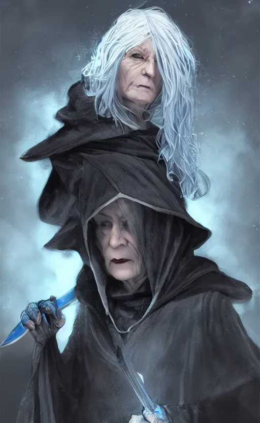 Image similar to an older woman with silver hair and piercing blue eyes. she's wearing a dark, hooded cloak and looks like she knows her way around a sword, dynamic lighting, photorealistic fantasy concept art, trending on art station, stunning visuals, creative, cinematic, ultra detailed