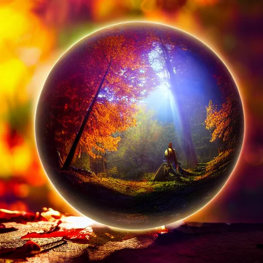 Prompt: a 3 5 mm fantasy matte painting of wizard with clear glass fresnel ball in the sunshine autumn forest, falling autumn leaves are reflected in the ball, foggy bottom, god rays, ultrasharp, detailed, cinematic