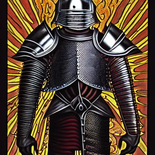 Image similar to medieval fantasy armored knight, by alex grey, TOOL band, detailed, 8K