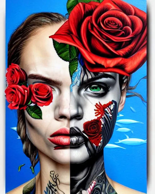 Image similar to split faced person holding pistol and roses in a deep sea with intricate details by Sandra Chevrier with half image