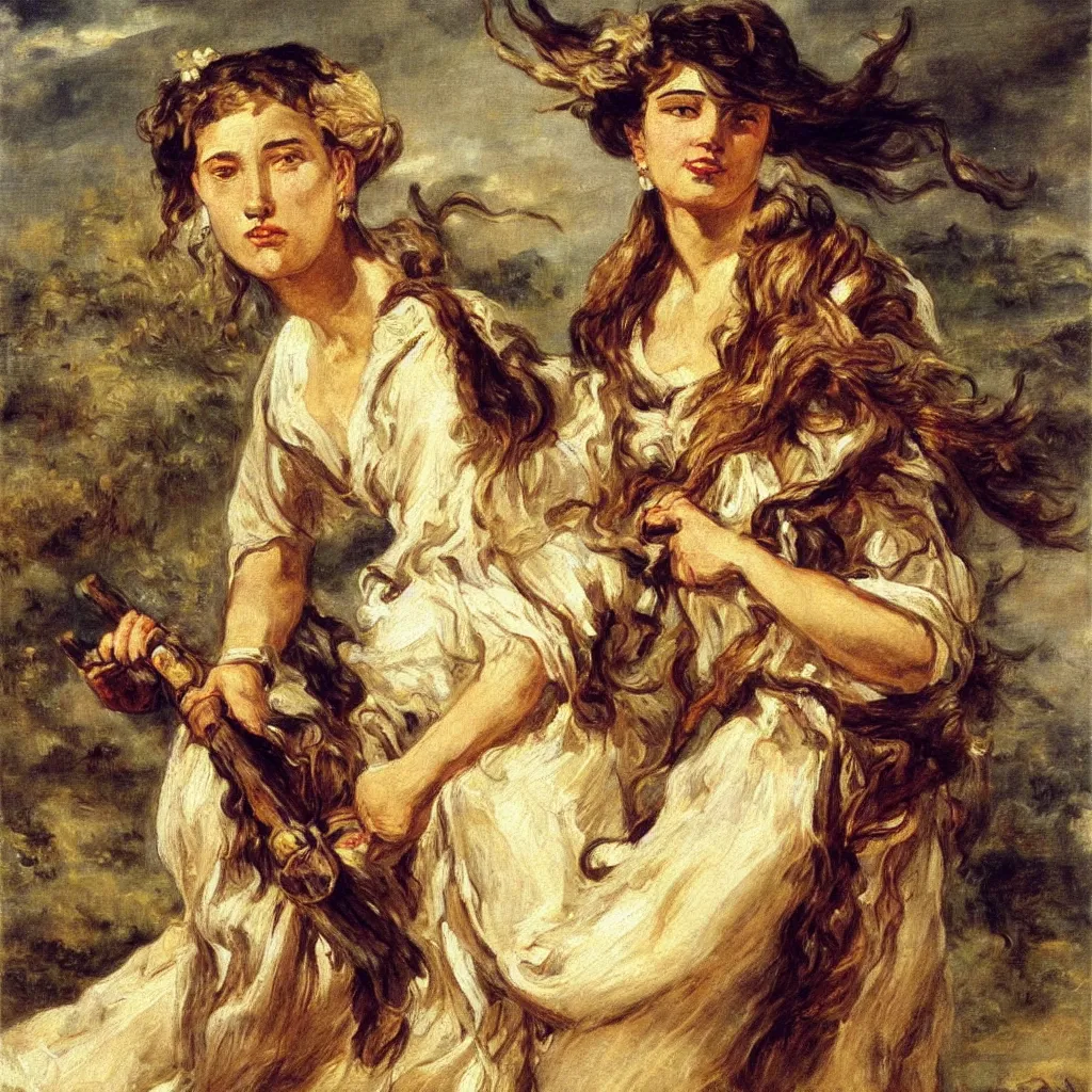 Prompt: A woman holding a bec de corbin and a wagon wheel, loose dress, flowing hair, windy, highly detailed, soft lighting, fantasy concept oil painting by Eugène Delacroix