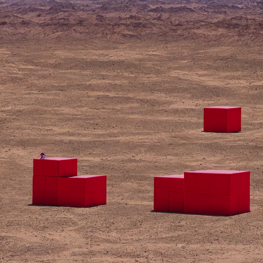 Prompt: Big red cube in the middle of the desert, photograph,