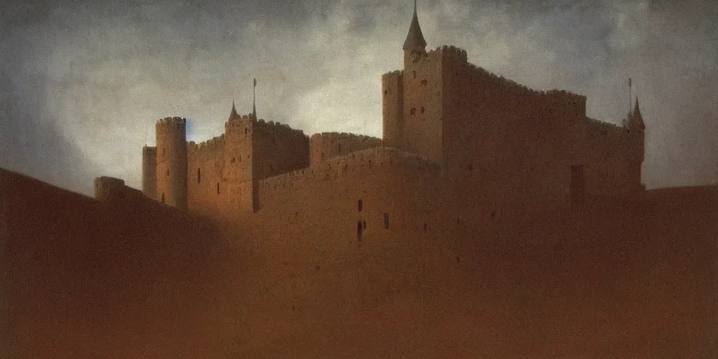 Prompt: painting of mysterious castle with dark cinematic atmospheric lighting by George Stubbs, zdzisław beksiński, renaissance painting, oil painting, old master