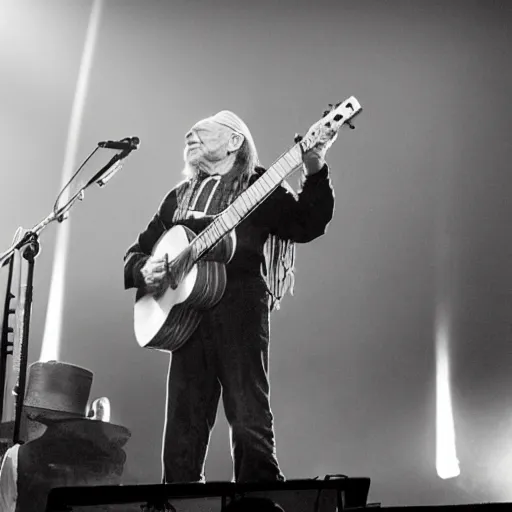 Image similar to willie nelson on stage, four fingers holdingguitar. god rays through fog.