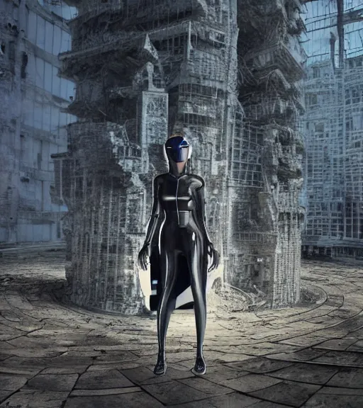 Image similar to tarkovsky's greatest scene, the ancient destroyed majestic tower of babylon, woman in gantz suit pro, futuristic cyber clothing, transparent puffer jacket, hyperrealistic, blockchain, cyber world, ambient lighting, concept art, intricate suit, hyper detailed, smooth, dynamic volumetric lighting, octane, ray trace, cinematic, high quality, cgsociety