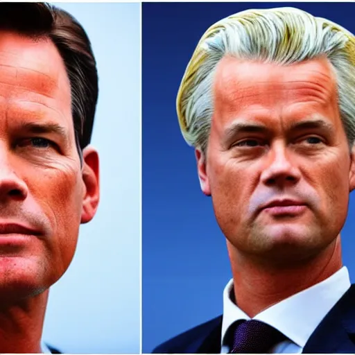 Prompt: Mark Rutte and Geert Wilders mashup portrait news photo 4k
