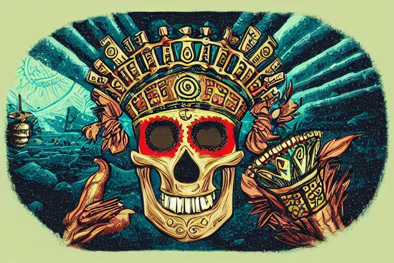 Prompt: aztec skull with crown of hops, digitally painted by Tim Doyle, Kilian Eng and Thomas Kinkade, centered, uncropped