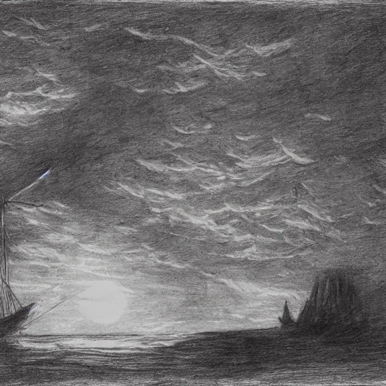 Image similar to the ship of theseus wrecked upon the night's plutonian shore, charcoal sketch by Edgar Allan Poe