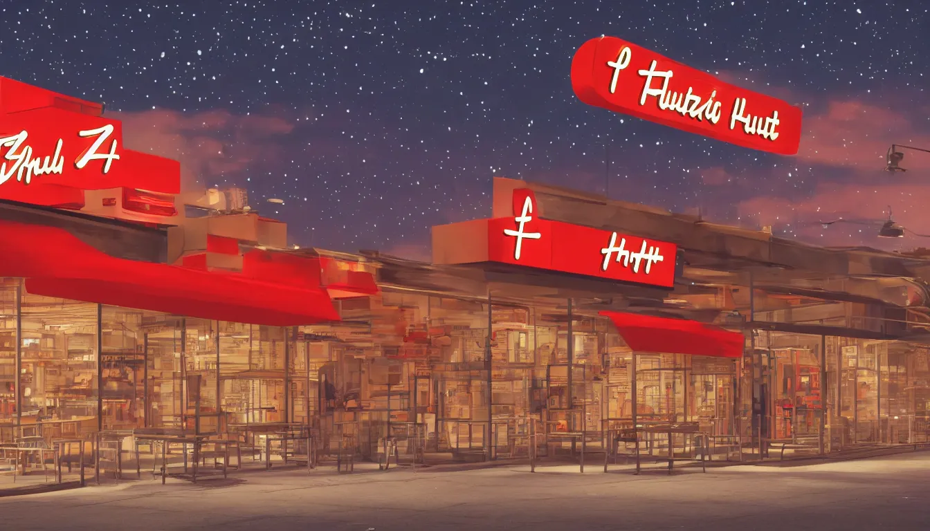 Image similar to futuristic Pizza Hut at night, photorealistic, cinematic