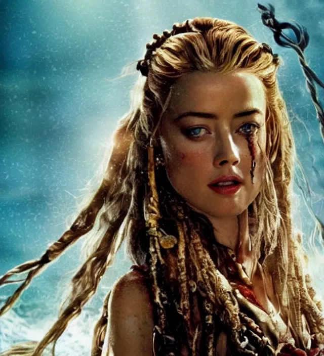 Image similar to amber heard as mermaid in pirates of the caribbean, movie still frame, hd, remastered, movie grain, cinematic lighting