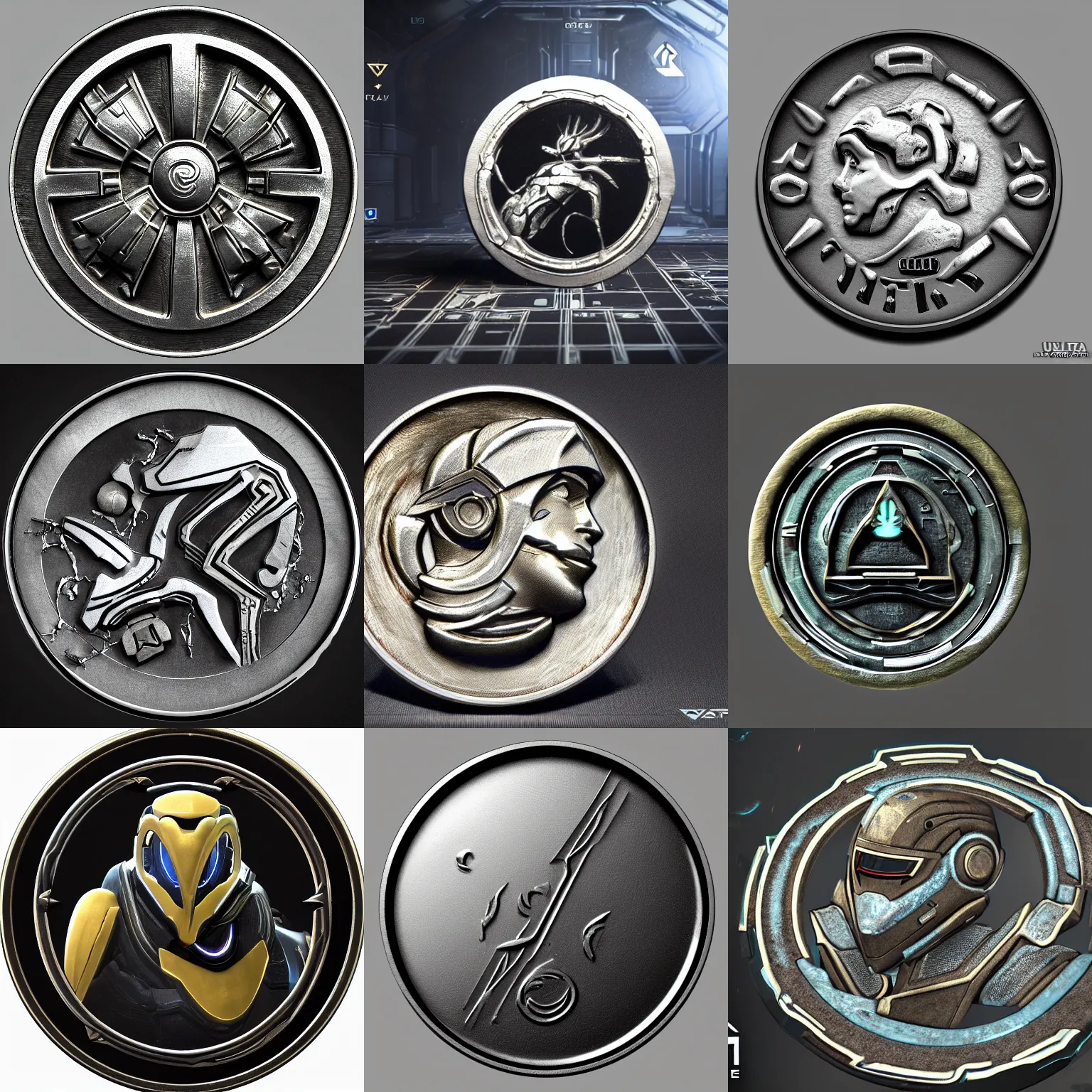 Image similar to a coin in the style of the Corpus Collective from Warframe, ultra realistic, highly detailed, 4k quality photo