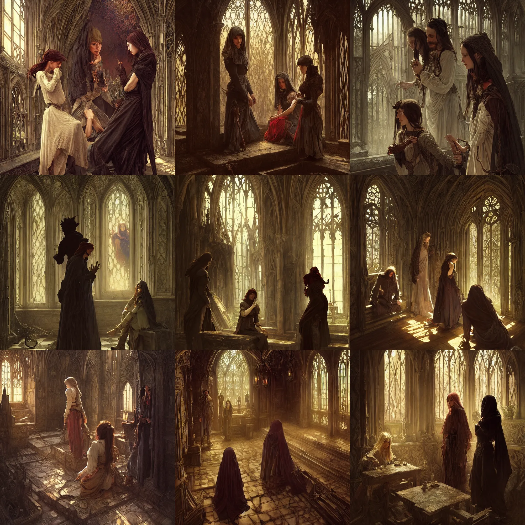 Prompt: two tramps in gothic interior, emotional sad painting, very poor, medieval peasants, fantasy, cruel, dramatic lighting, intricate, wild, highly detailed, digital painting, artstation, concept art, smooth, sharp focus, illustration, art by artgerm and greg rutkowski and alphonse mucha