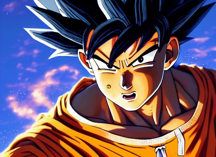 Image similar to highly detailed portrait of goku, in one punch man, stephen bliss, unreal engine, fantasy art by greg rutkowski, loish, rhads, ferdinand knab, makoto shinkai and lois van baarle, ilya kuvshinov, rossdraws, tom bagshaw, global illumination, radiant light, detailed and intricate environment