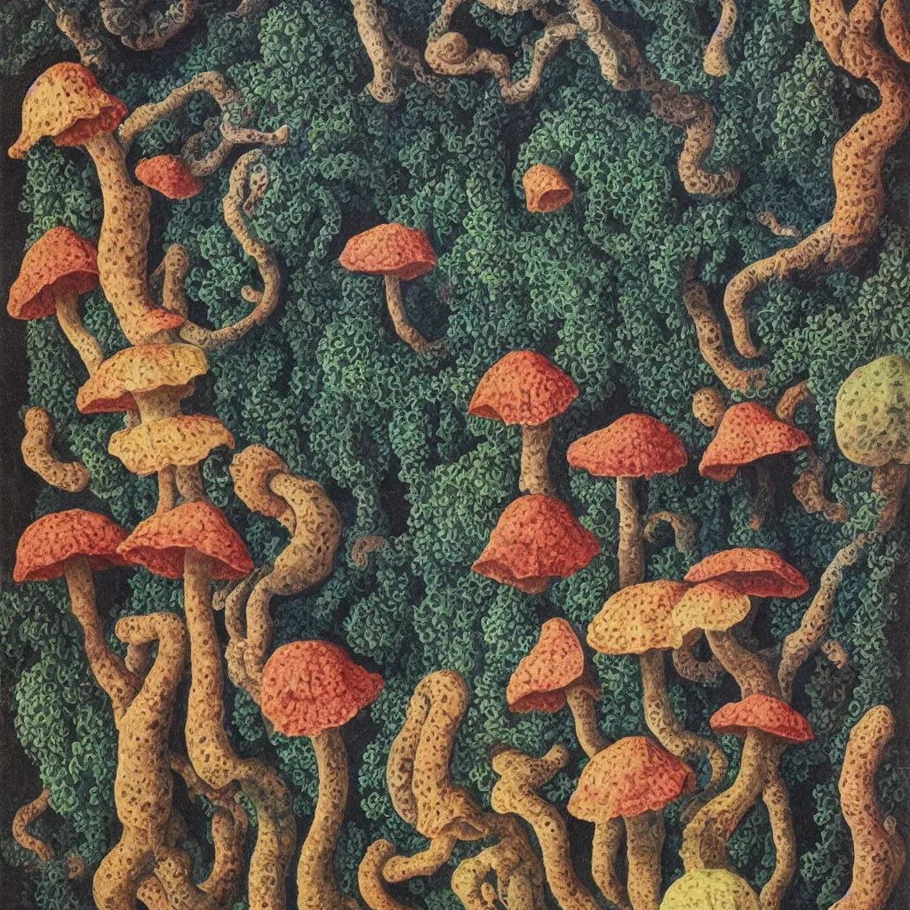 Prompt: a single! colorful!! ( lovecraftian ) fungus tower clear empty sky, a high contrast!! ultradetailed photorealistic painting by maria sibylla merian and rene magritte, hard lighting, masterpiece