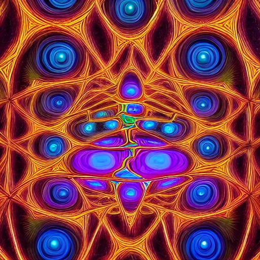 Image similar to artistic depiction of the dmt world, highly detailed and hypnotic