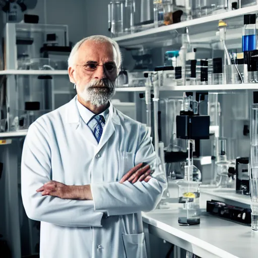 Image similar to portrait of a man standing in his lab, the face of the man is old an trustworthy, there's a calm satisfaction to his look