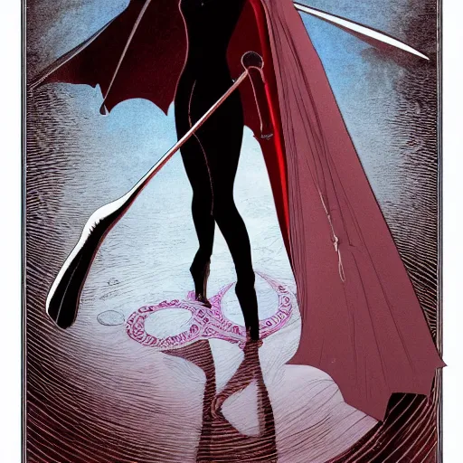 Prompt: 4D beautiful Vampire with a cloak and scythe , 35mm lens,noir, vibrant high contrast, gradation, jean giraud, moebius, fantasy, rule of thirds, fibonacci, intricate, cel shaded, flat, matte print, smooth,artstation, soft eyes,concept art by Rodney Bars