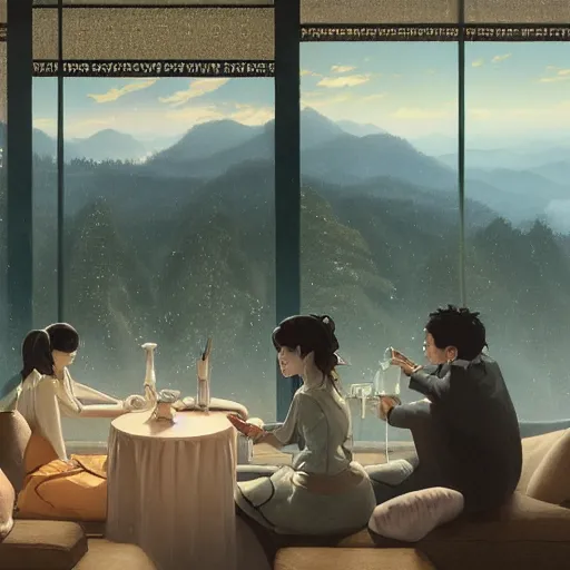 Image similar to an upscale japanese hotel, on the mountain, highly detailed vfx portrait, unreal engine, greg rutkowski, loish, rhads, caspar david friedrich, makoto shinkai and lois van baarle, ilya kuvshinov, rossdraws, elegent, tom bagshaw, alphonse mucha, global illumination, detailed and intricate environment.